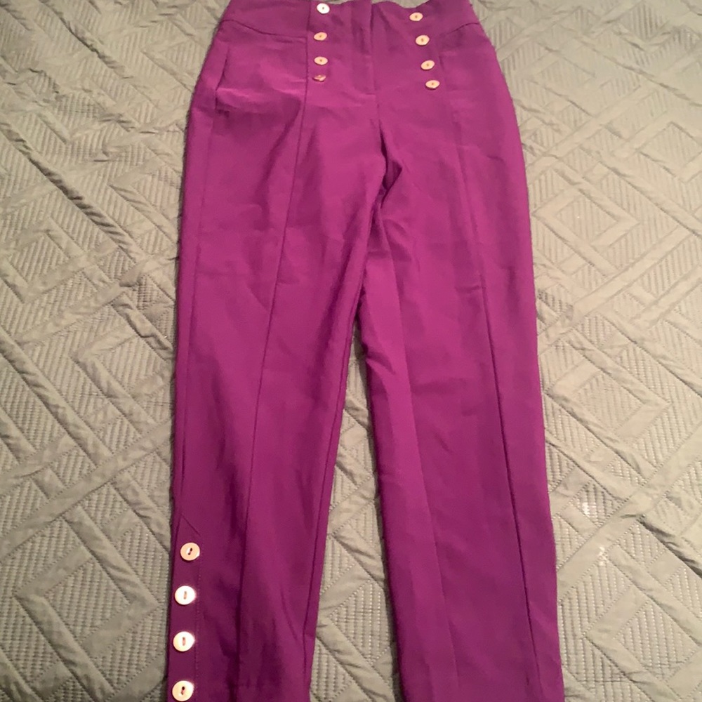 New York and Company Purple Skinny Dress Pants with Gold Buttons